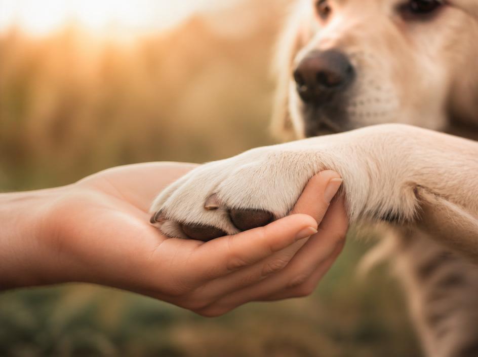 Mano humana sosteniendo con cariño la pata de un perro, simbolizando confianza y vínculo